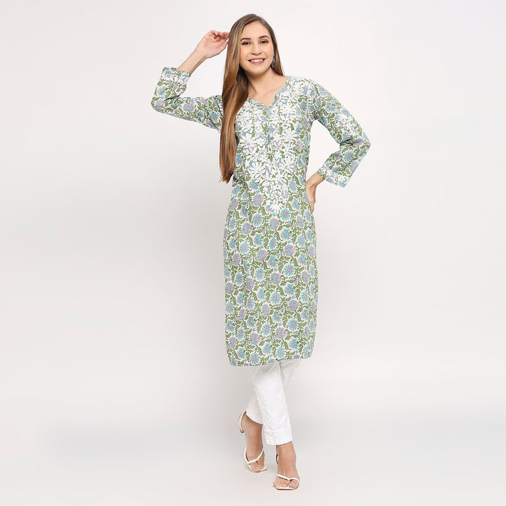 KHAIRA MUL COTTON PRRINTED CHIKANKARI KURTI