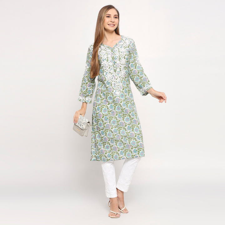 KHAIRA MUL COTTON PRRINTED CHIKANKARI KURTI