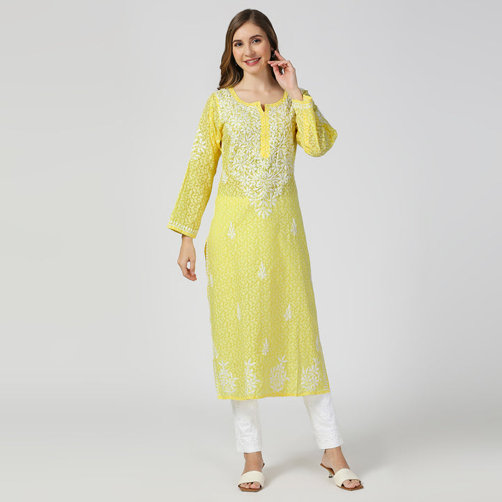 AAINA BRASSO CHIKANKARI LONG KURTI