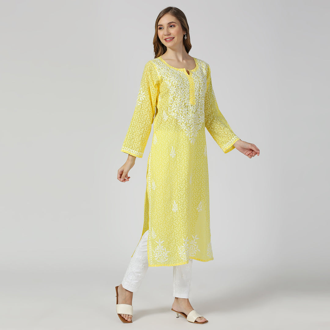 AAINA BRASSO CHIKANKARI LONG KURTI