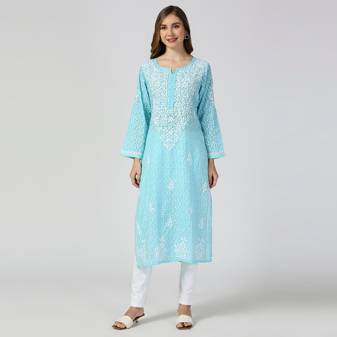 AAINA BRASSO CHIKANKARI LONG KURTI