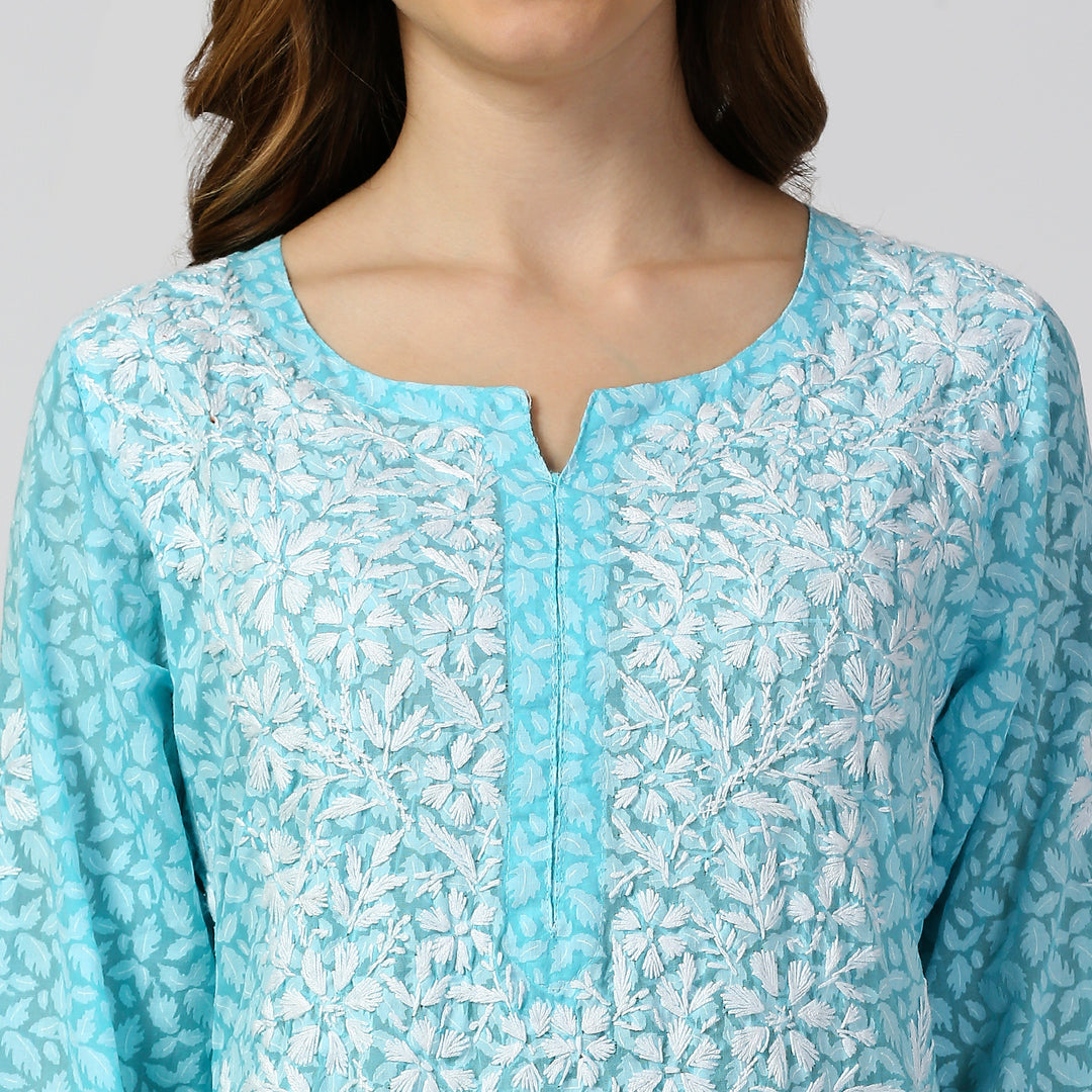 AAINA BRASSO CHIKANKARI LONG KURTI