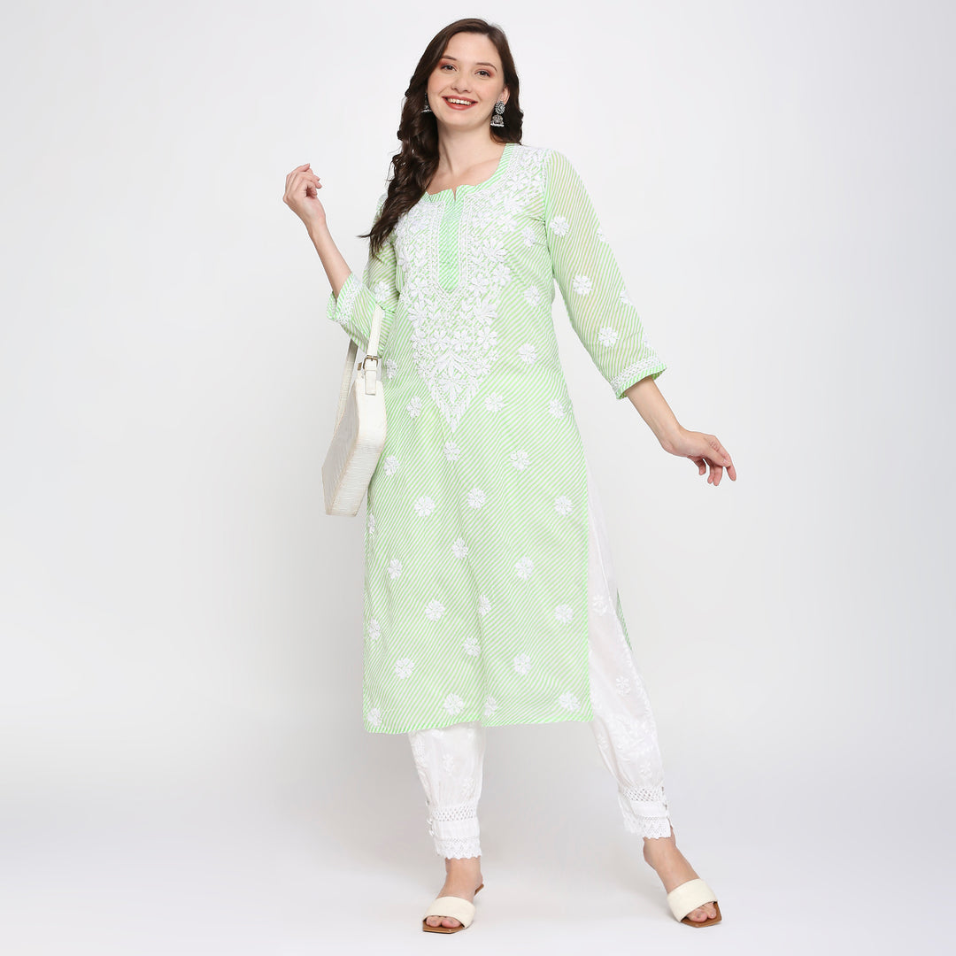 COTTON CHIKANKARI LEHERIYA LONG KURTI