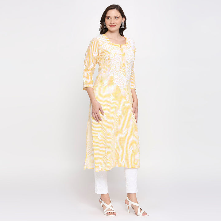 COTTON CHIKANKARI LEHERIYA LONG KURTI