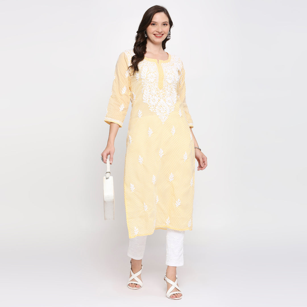 COTTON CHIKANKARI LEHERIYA LONG KURTI