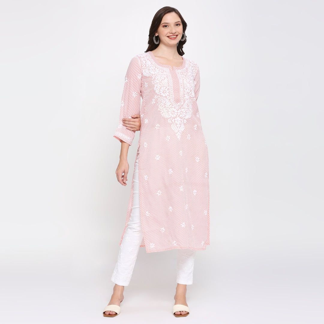 COTTON CHIKANKARI LEHERIYA LONG KURTI