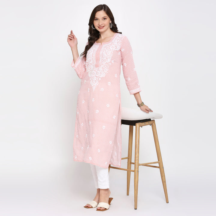 COTTON CHIKANKARI LEHERIYA LONG KURTI