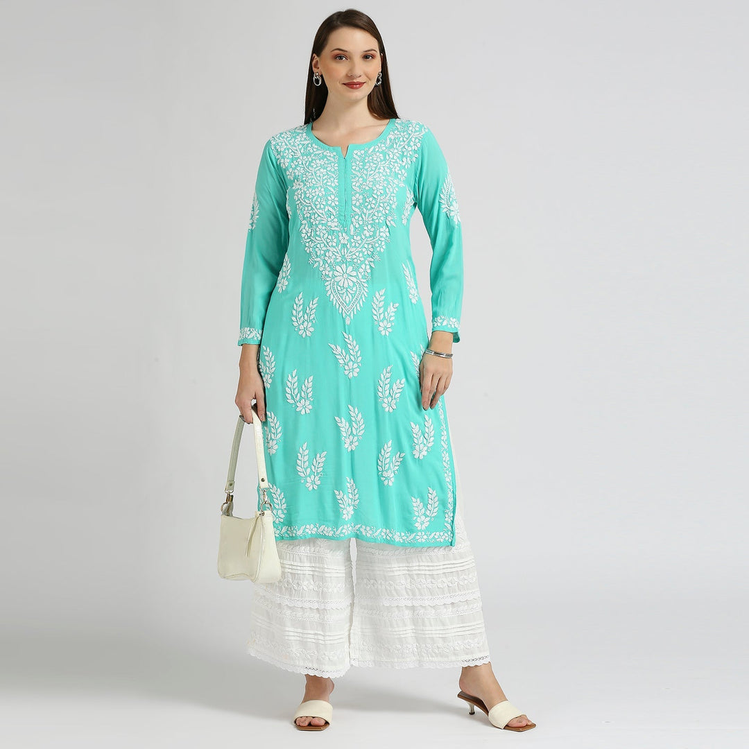 MODAL CHIKANKARI LEAFLET LONG KURTI