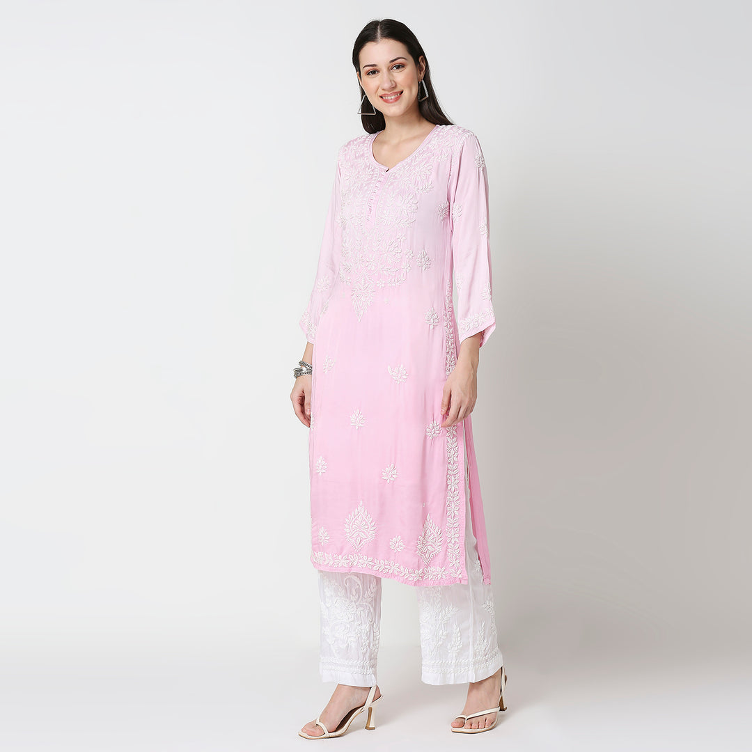 AYESHA MODAL SATIN CHIKANKARI LONG KURTI