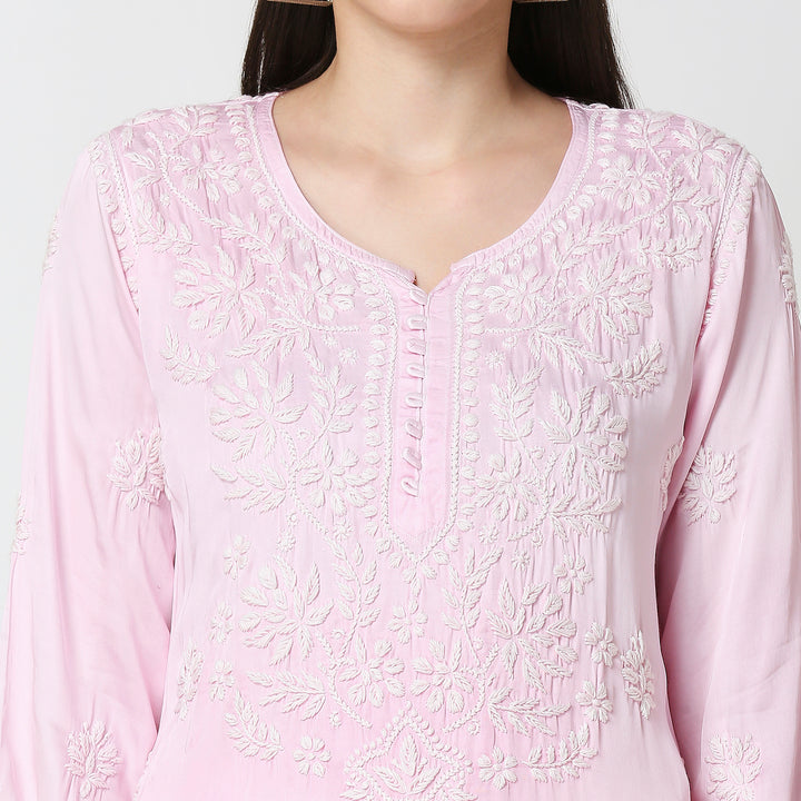 AYESHA MODAL SATIN CHIKANKARI LONG KURTI