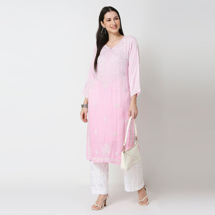 AYESHA MODAL SATIN CHIKANKARI LONG KURTI