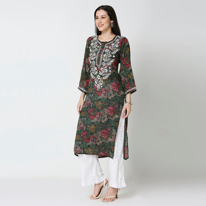 AAMIRA SEMI GEORGETTE PRINTED CHIKANKARI LONG KURTI