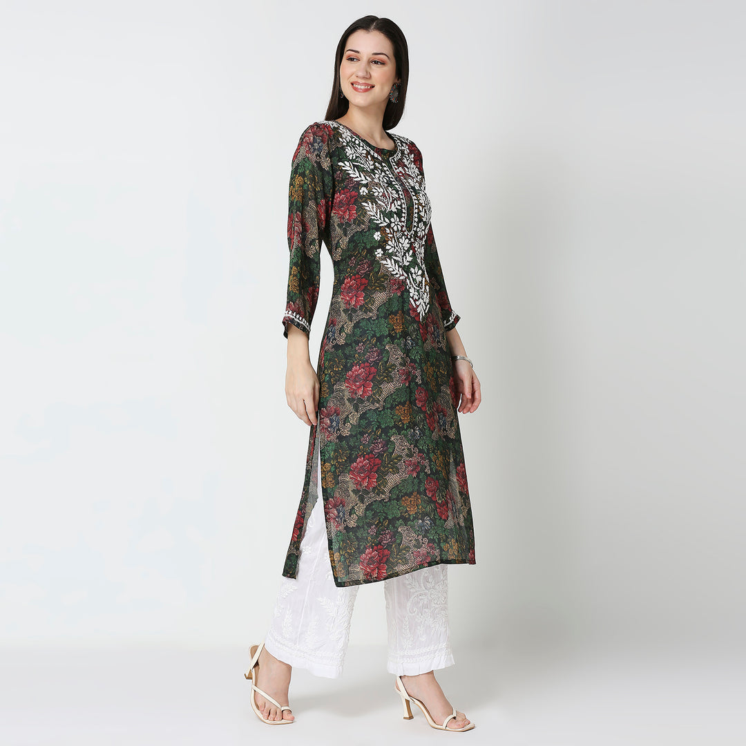 AAMIRA SEMI GEORGETTE PRINTED CHIKANKARI LONG KURTI