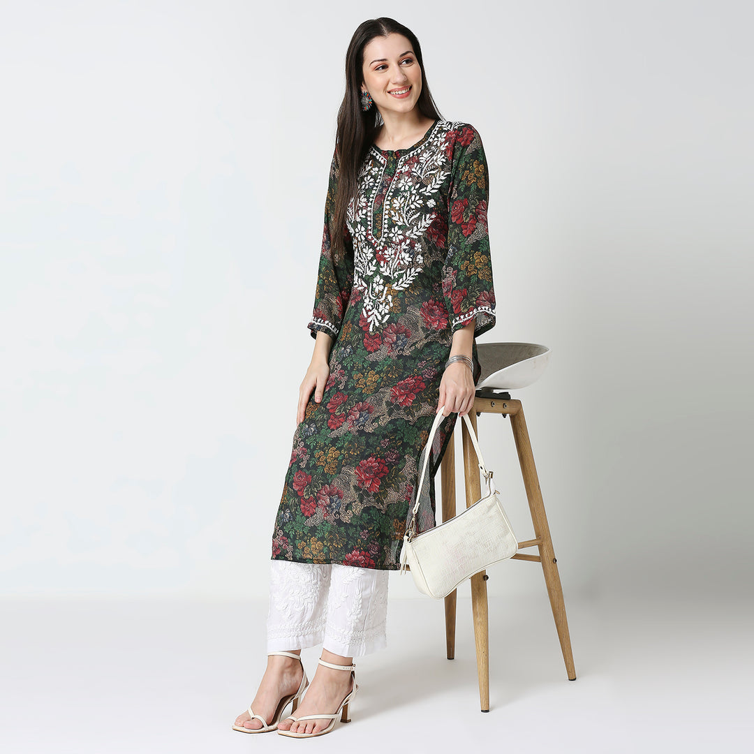 AAMIRA SEMI GEORGETTE PRINTED CHIKANKARI LONG KURTI