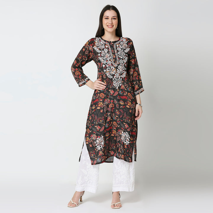 AAMIRA SEMI GEORGETTE PRINTED CHIKANKARI LONG KURTI