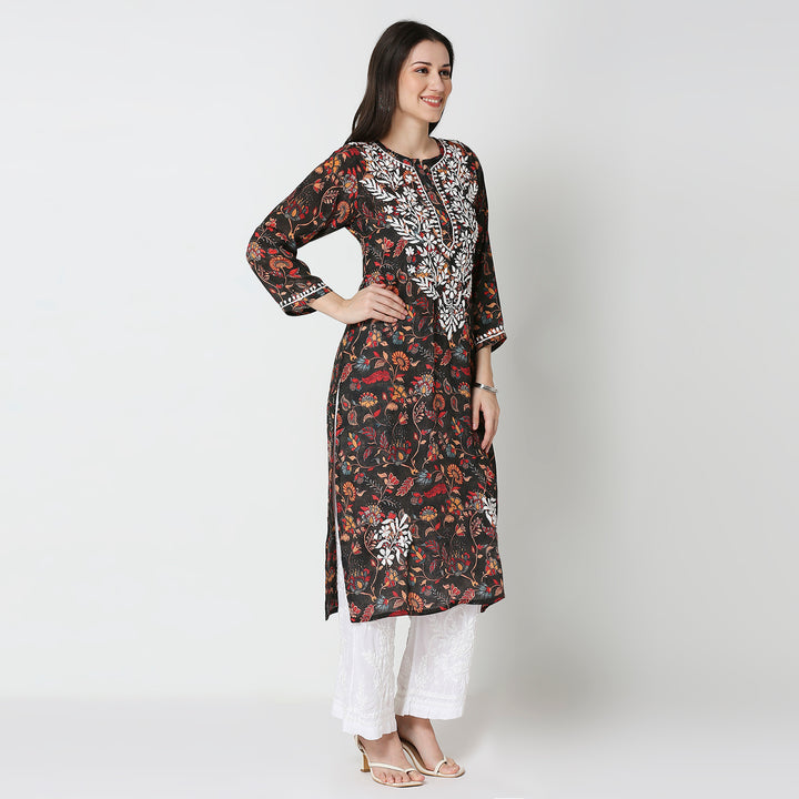 AAMIRA SEMI GEORGETTE PRINTED CHIKANKARI LONG KURTI