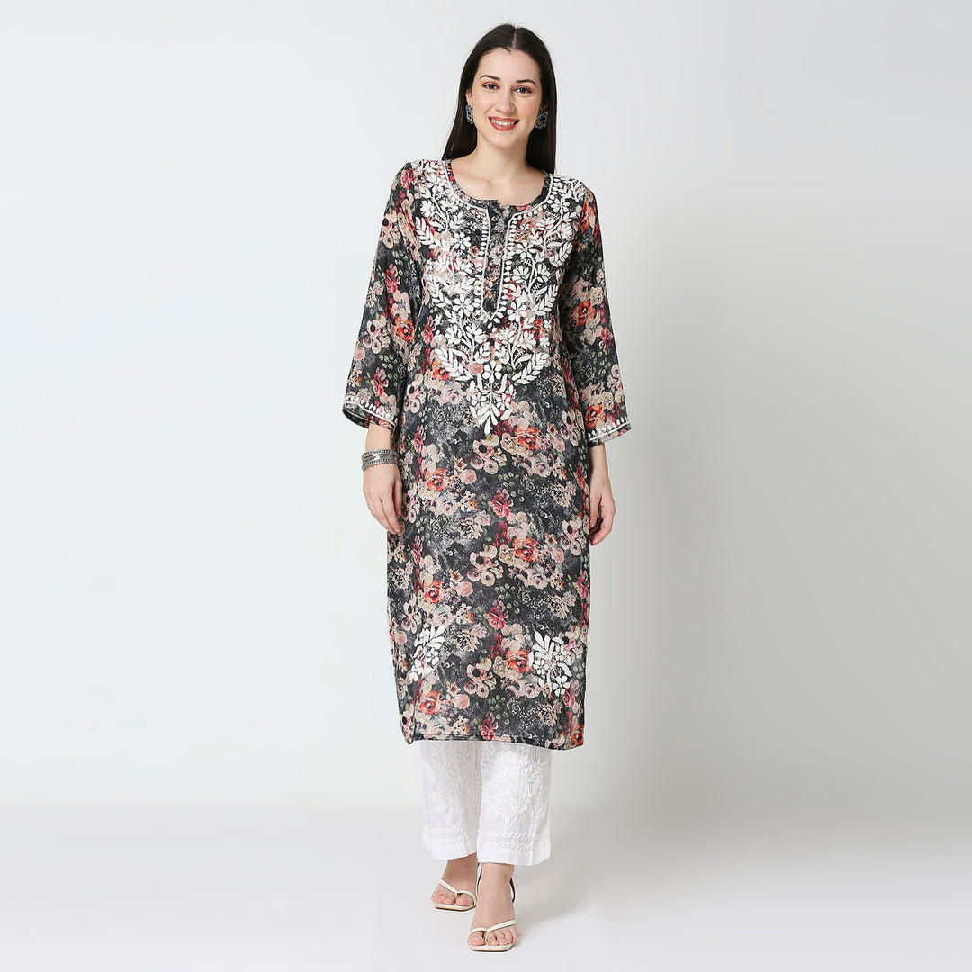 AAMIRA SEMI GEORGETTE PRINTED CHIKANKARI LONG KURTI