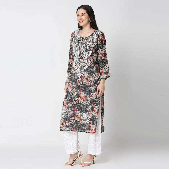 AAMIRA SEMI GEORGETTE PRINTED CHIKANKARI LONG KURTI