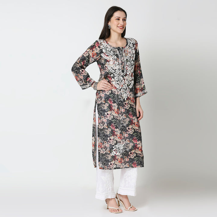 AAMIRA SEMI GEORGETTE PRINTED CHIKANKARI LONG KURTI