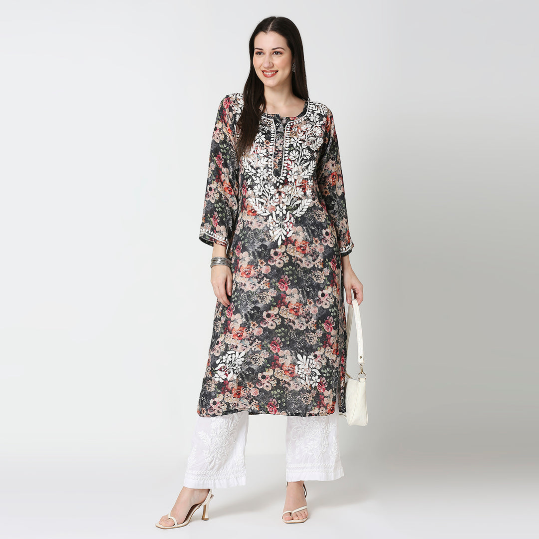 AAMIRA SEMI GEORGETTE PRINTED CHIKANKARI LONG KURTI