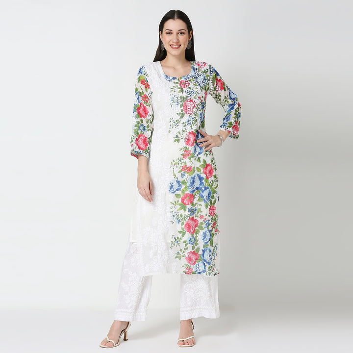 AASIA COTTON PRINTED CHIKANKARI LONG KURTI