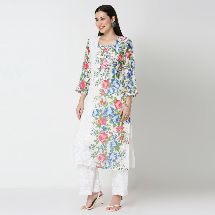 AASIA COTTON PRINTED CHIKANKARI LONG KURTI