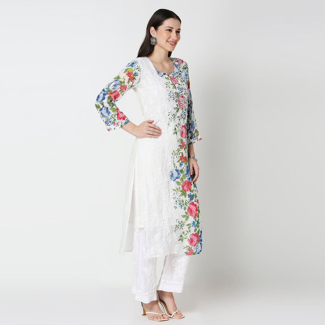 AASIA COTTON PRINTED CHIKANKARI LONG KURTI