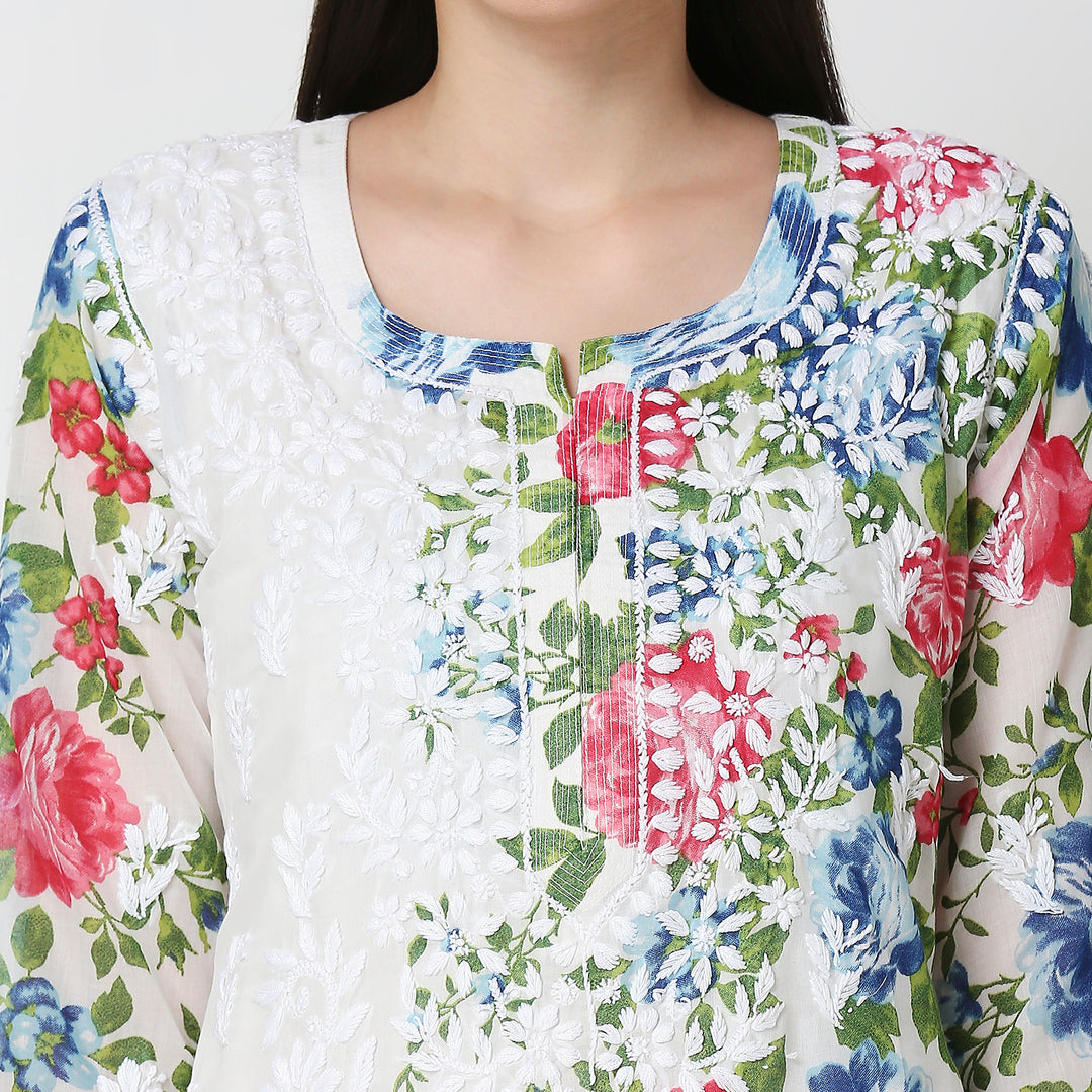 AASIA COTTON PRINTED CHIKANKARI LONG KURTI