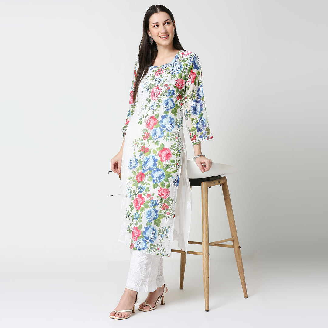 AASIA COTTON PRINTED CHIKANKARI LONG KURTI