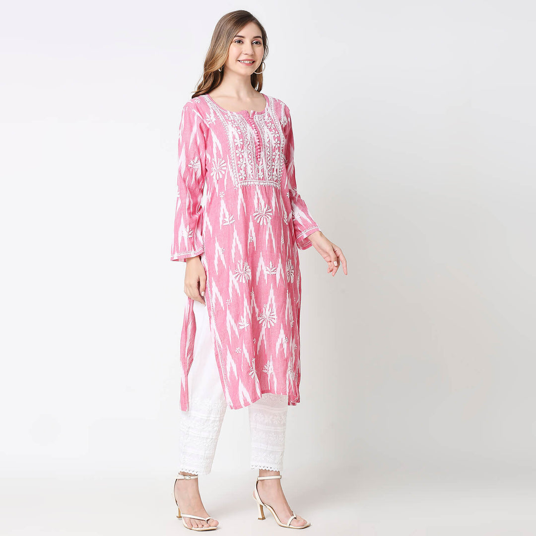 NAFIA IKKAT CHIKANKARI LONG KURTI