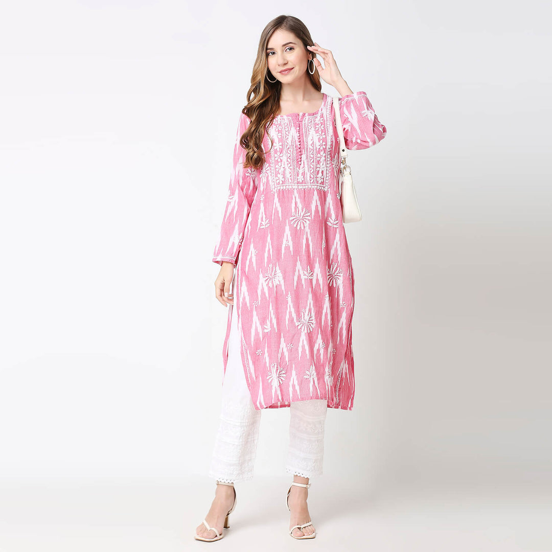 NAFIA IKKAT CHIKANKARI LONG KURTI