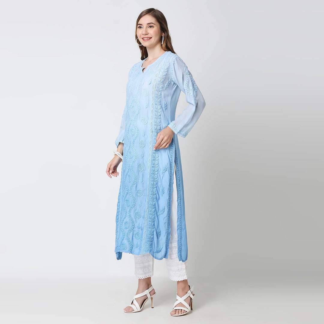 NAAZIA  MUSLIN CHIKANKARI LONG KURTI