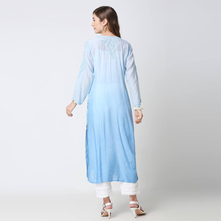 NAAZIA  MUSLIN CHIKANKARI LONG KURTI