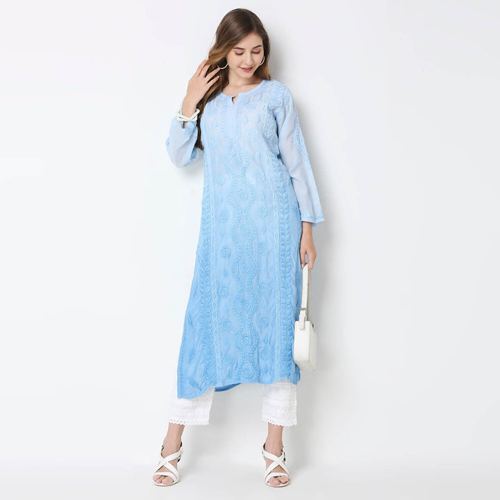 NAAZIA  MUSLIN CHIKANKARI LONG KURTI