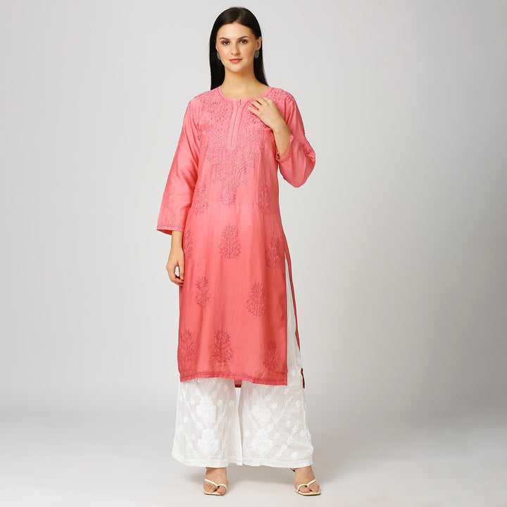 ZIYA CHANDERI CHIKANKARI LONG KURTI