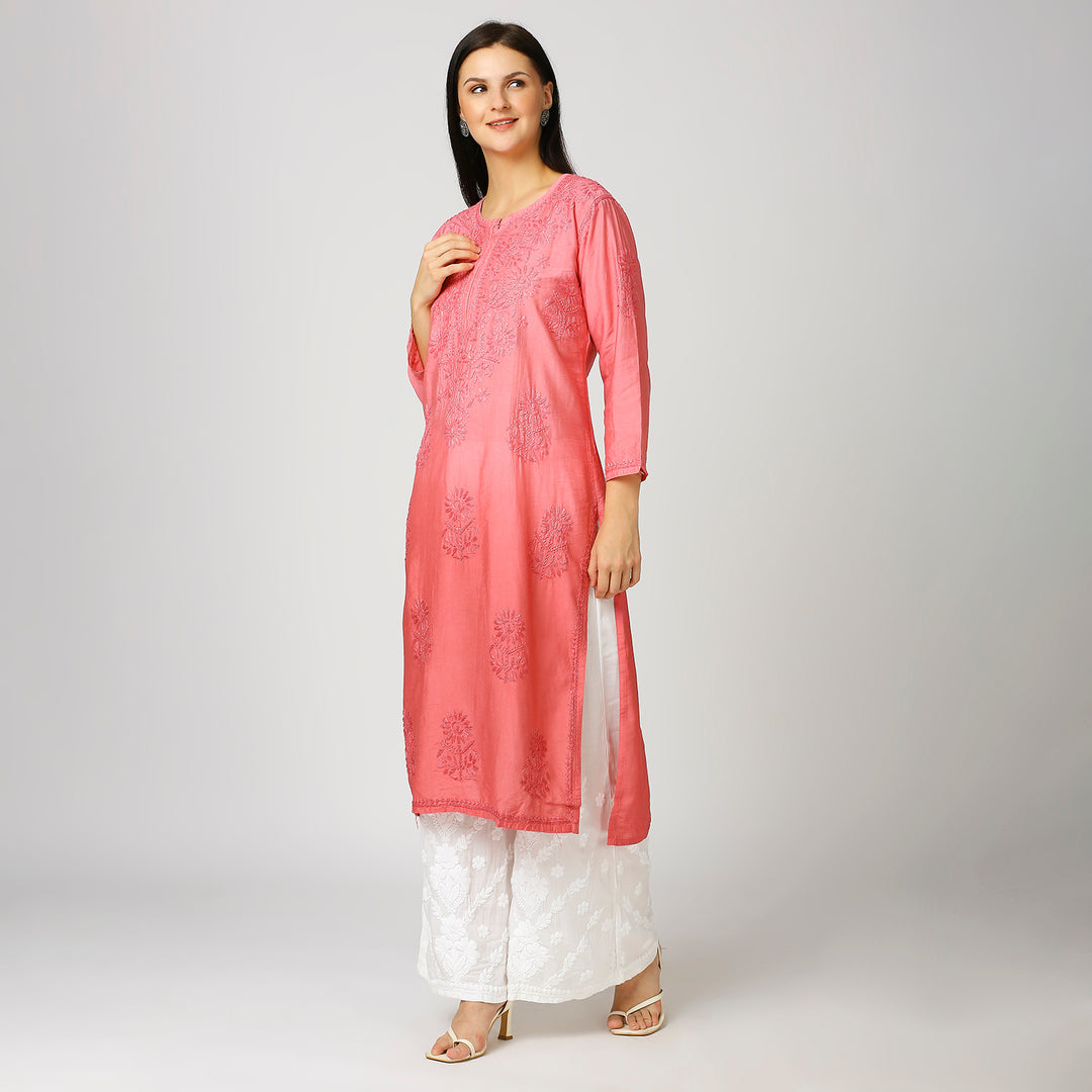 ZIYA CHANDERI CHIKANKARI LONG KURTI