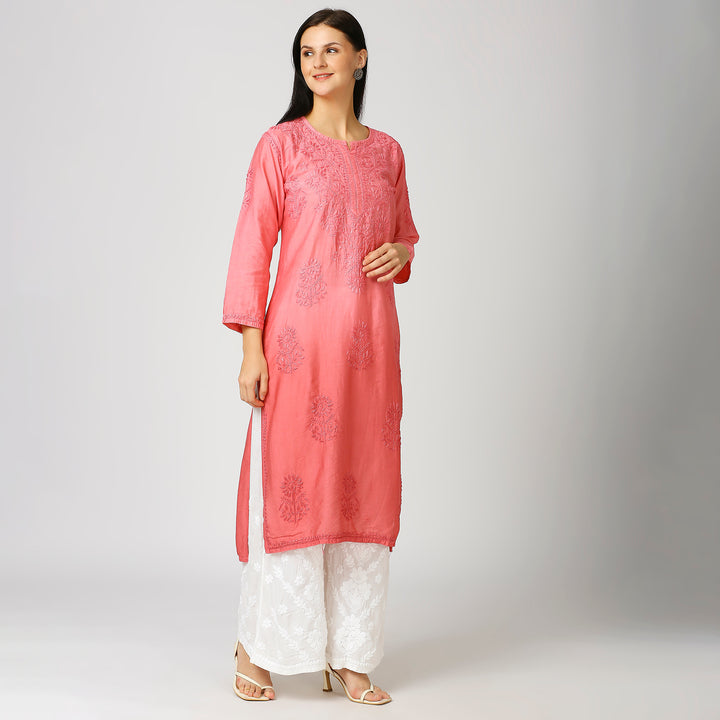 ZIYA CHANDERI CHIKANKARI LONG KURTI