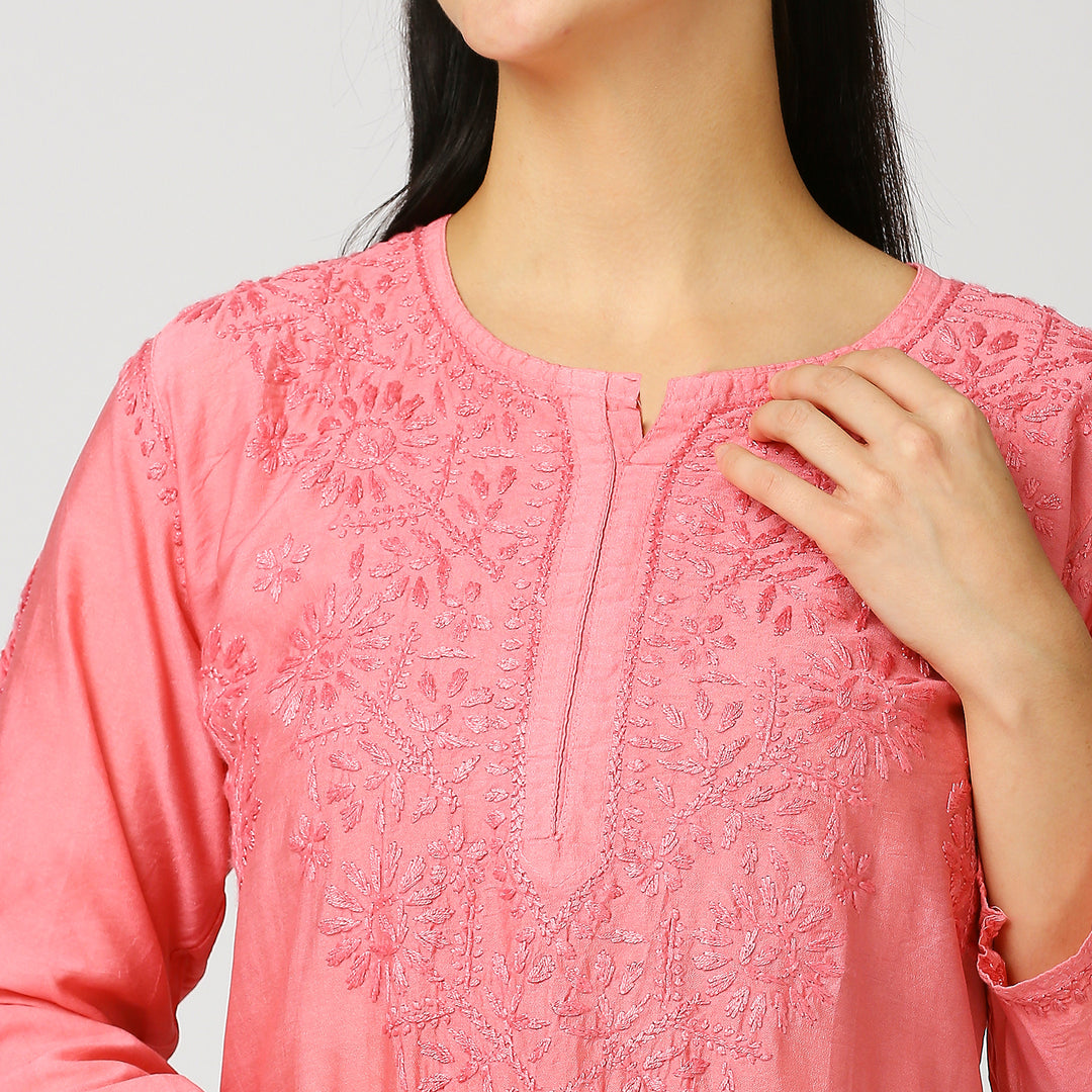 ZIYA CHANDERI CHIKANKARI LONG KURTI