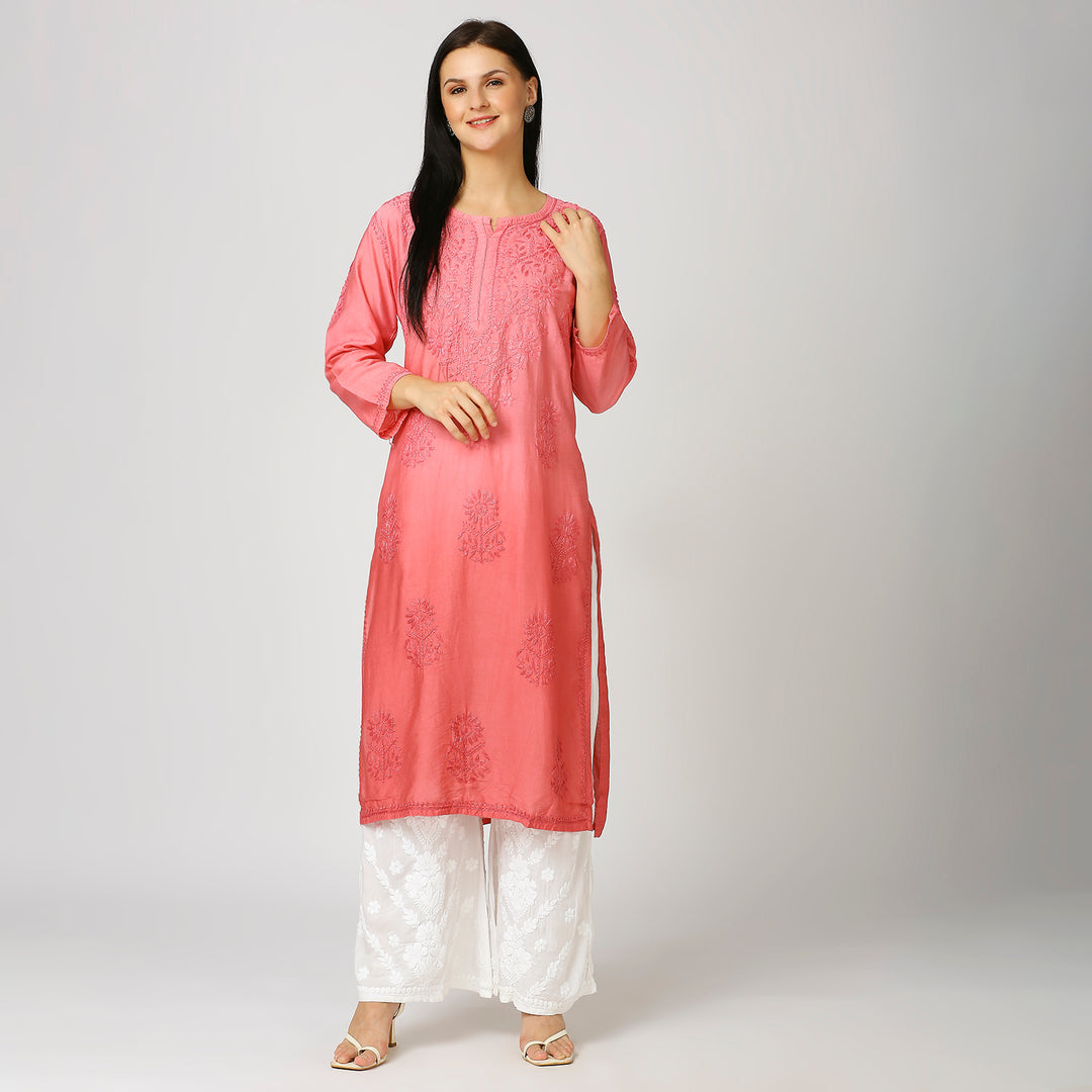 ZIYA CHANDERI CHIKANKARI LONG KURTI