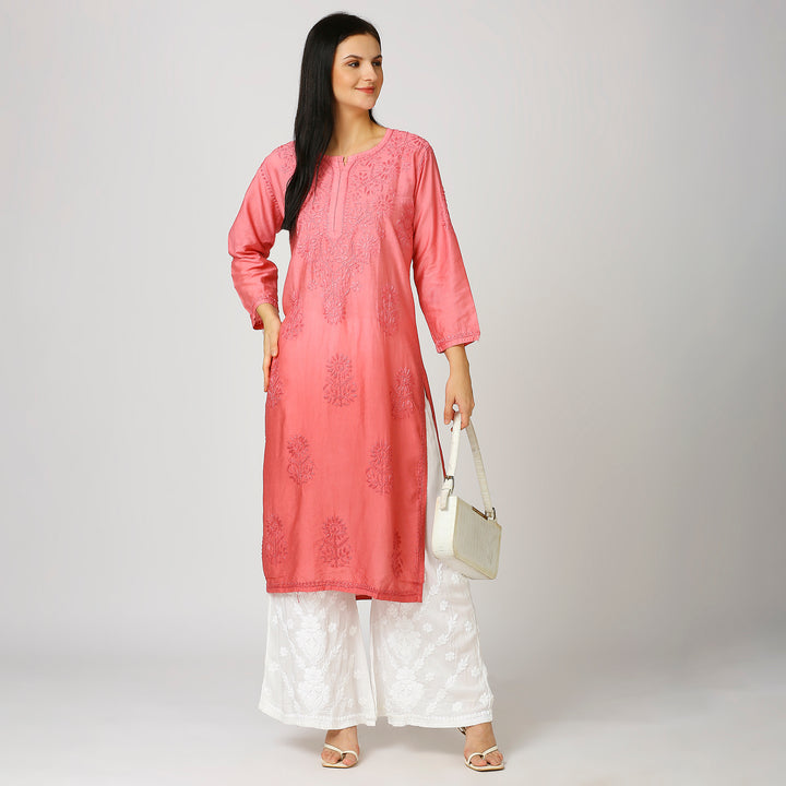 ZIYA CHANDERI CHIKANKARI LONG KURTI