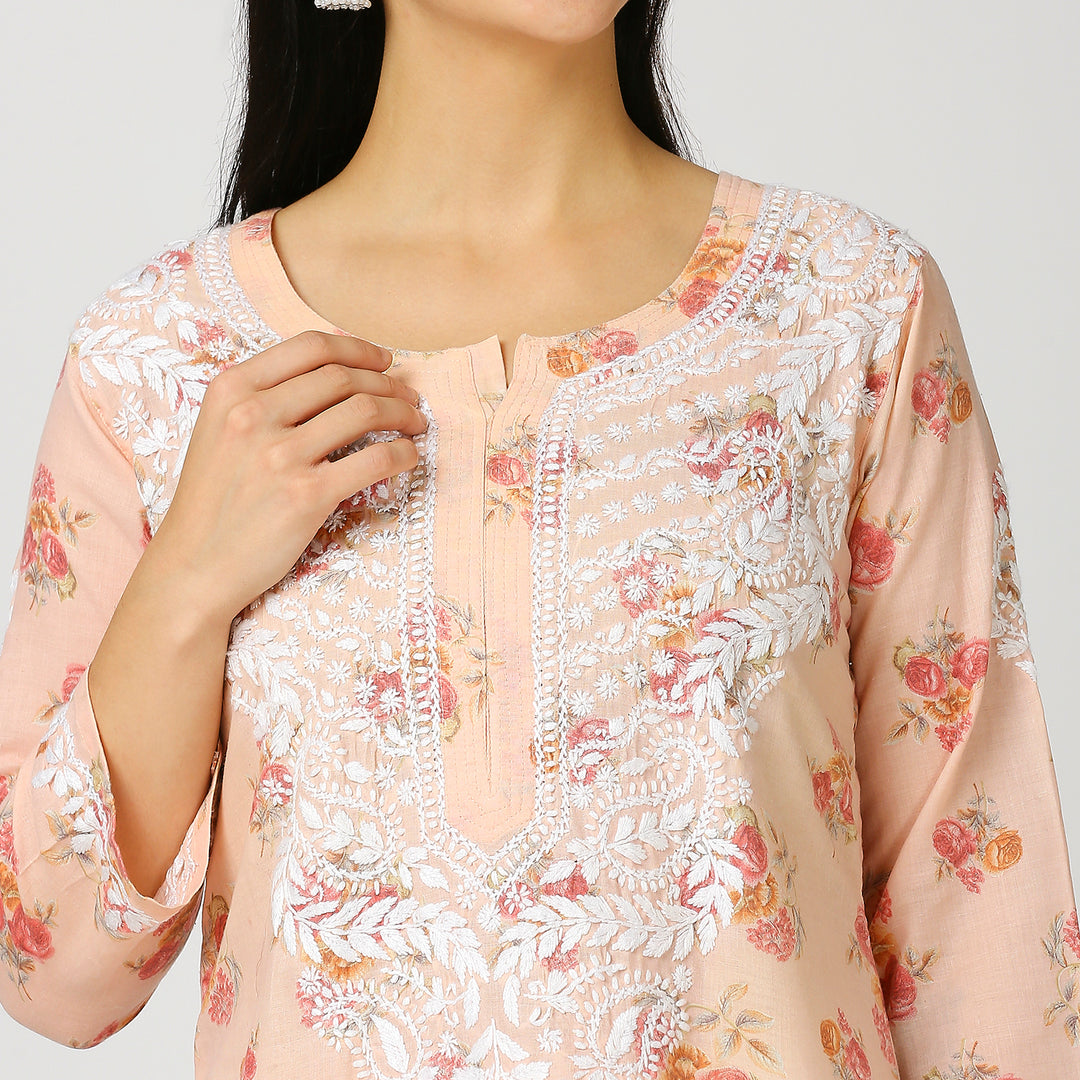 SALMA MUL COTTON PRINTED CHIKANKARI KURTI