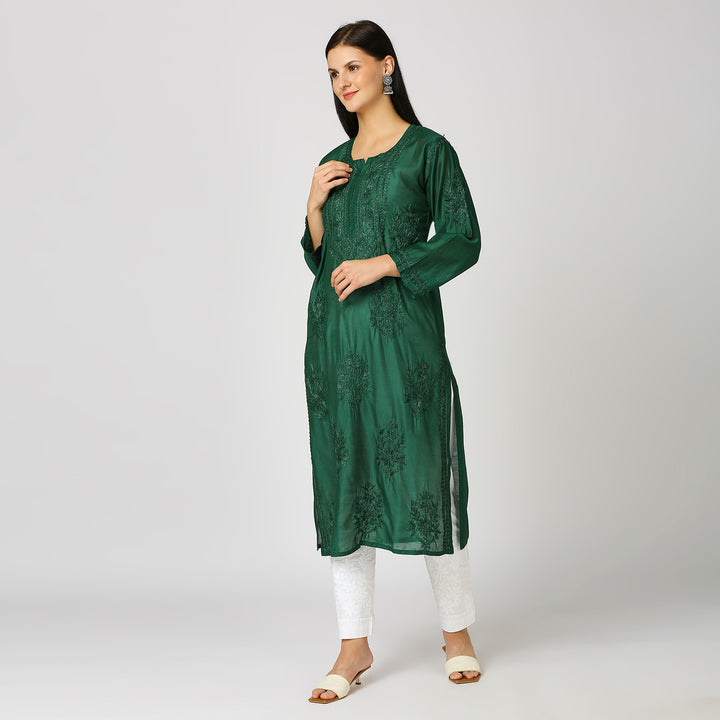 ZAREENA CHANDERI CHIKANKARI LONG KURTI