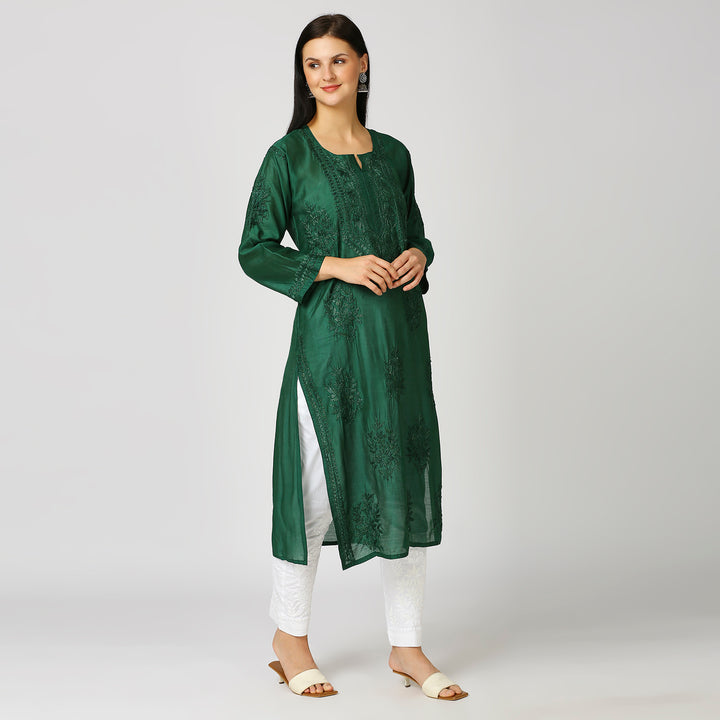 ZAREENA CHANDERI CHIKANKARI LONG KURTI