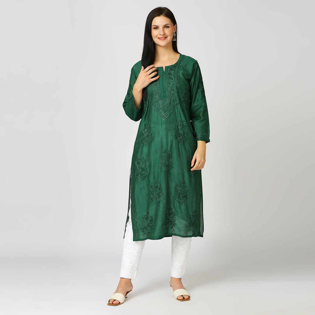 ZAREENA CHANDERI CHIKANKARI LONG KURTI