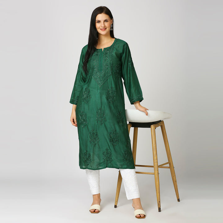 ZAREENA CHANDERI CHIKANKARI LONG KURTI