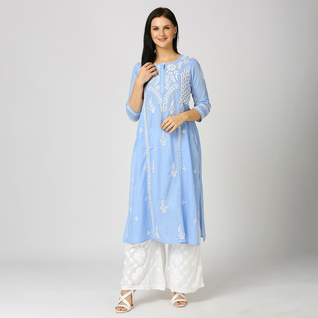 AMINA COTTON CHIKANKARI LONG KURTI