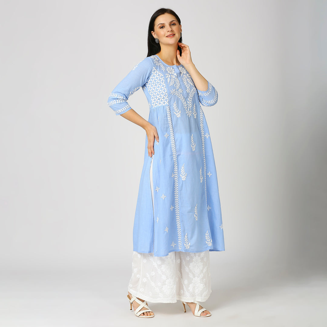 AMINA COTTON CHIKANKARI LONG KURTI