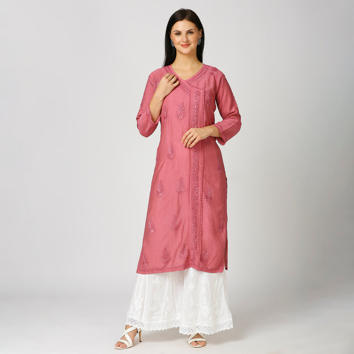 KHUSHBU CHANDERI CHIKANKARI LACE KURTI