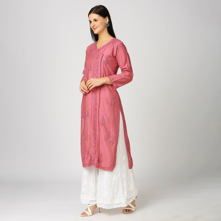 KHUSHBU CHANDERI CHIKANKARI LACE KURTI