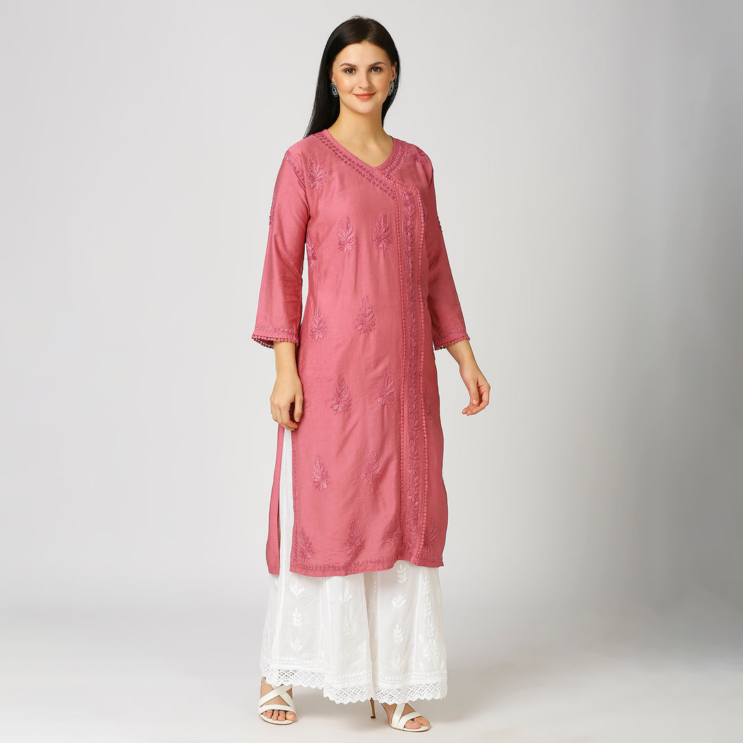 KHUSHBU CHANDERI CHIKANKARI LACE KURTI